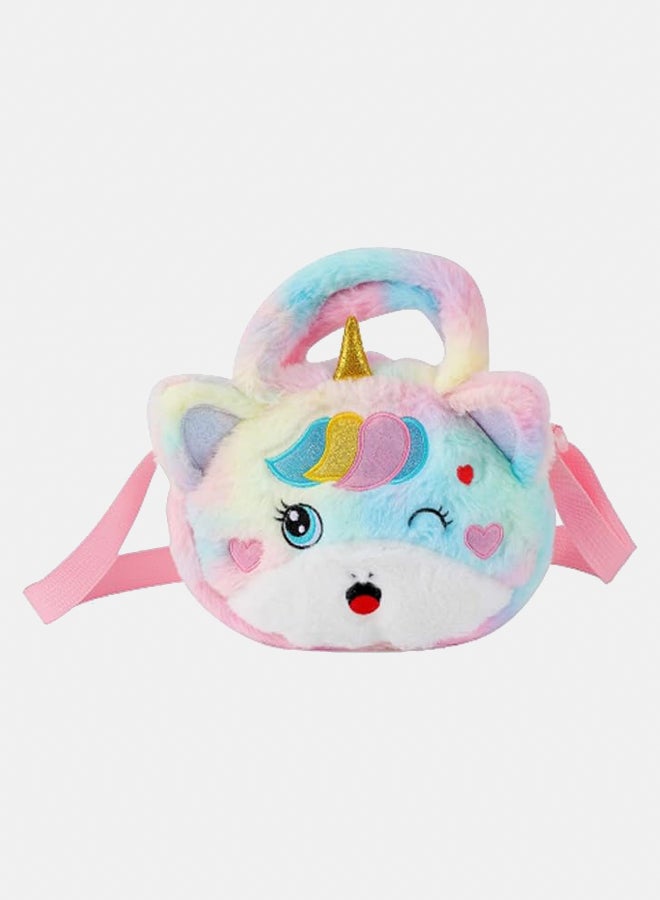 A cute unicorn velvet shoulder bag for little girls, perfect for crossbody or backpack, ideal for school trips in trendy rainbow colors with a zipper closure. A wonderful gift for teenage girls.